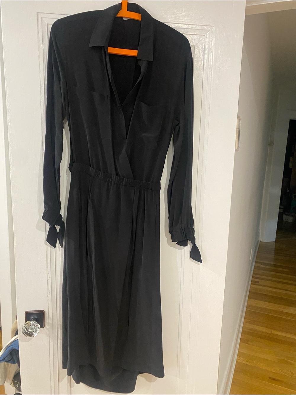 Vince Black Long-Sleeve Faux Wrap Silk Dress